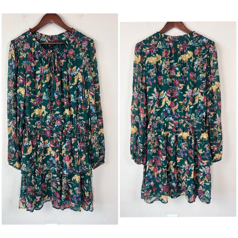 Frye Boho Floral Dress XL Green Ruffle Tie Neck Adjustable Drawstring Waist